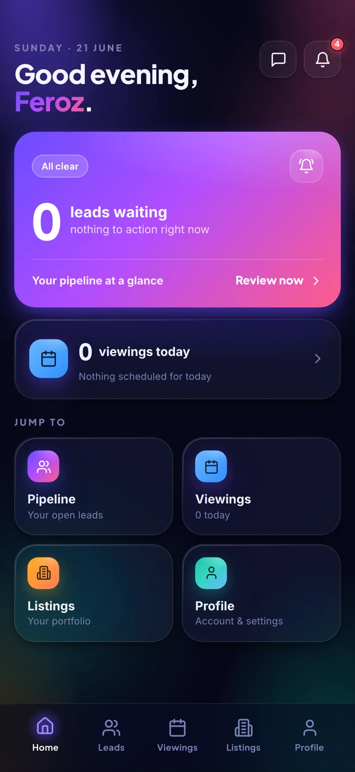 CoreVU Agent app — home dashboard with pipeline summary, today's viewings and quick actions