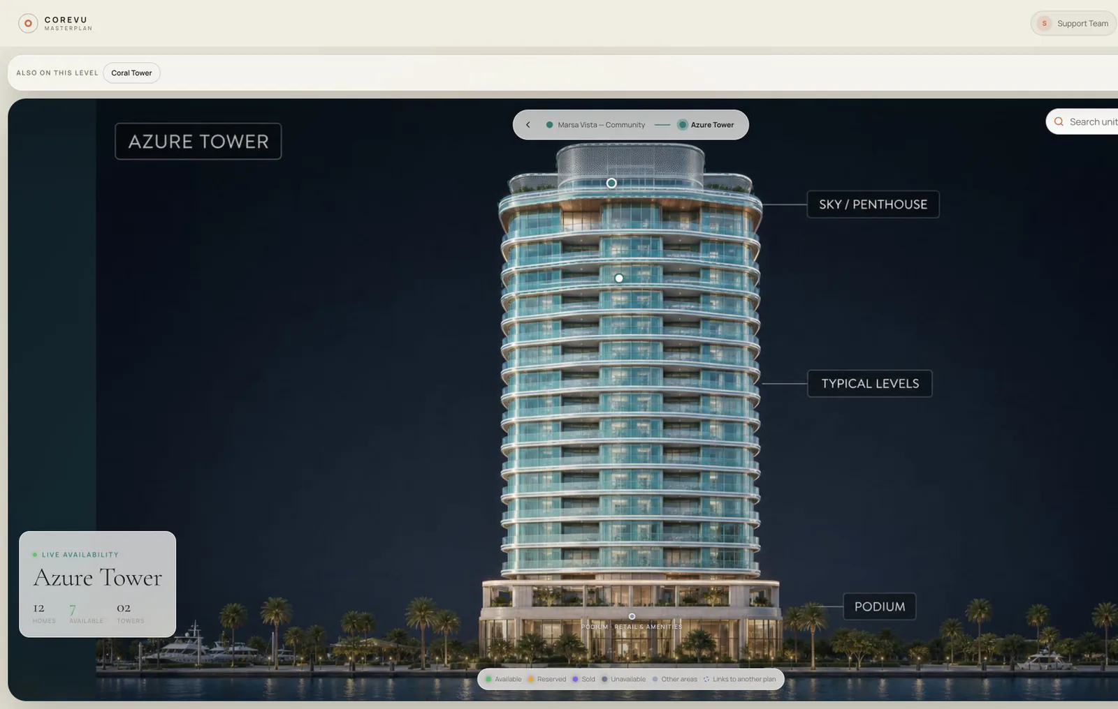 CoreVU Masterplan Portal — Azure Tower building view with live availability