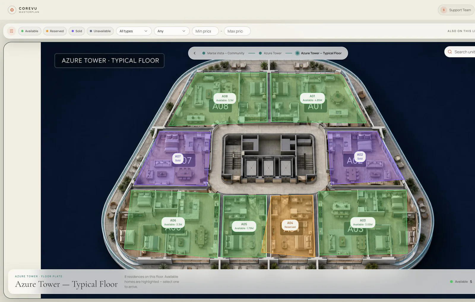 CoreVU Masterplan floor view showing live home availability