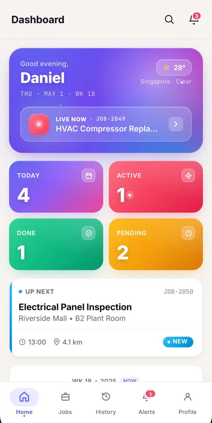 CoreVU Technician app — job dashboard with live work order, KPIs and next visit