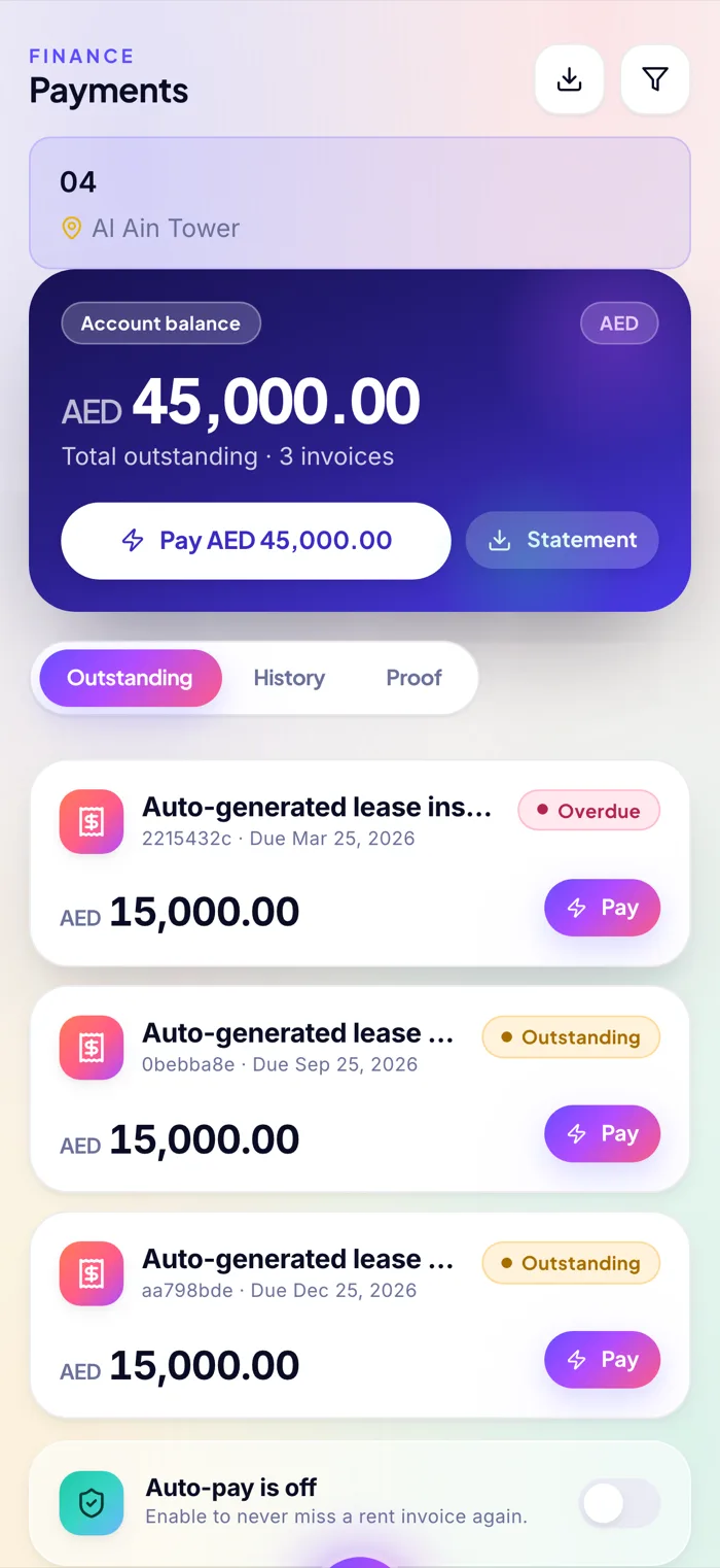 CoreVU Tenant Android app — payments with account balance, outstanding invoices and auto-pay