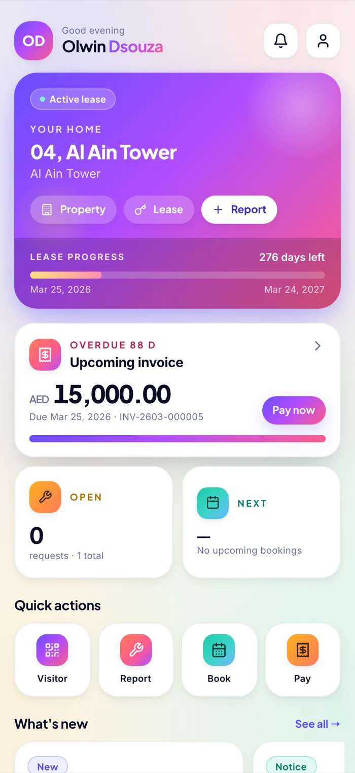 CoreVU Tenant iOS app — home with active lease, upcoming invoice and quick actions