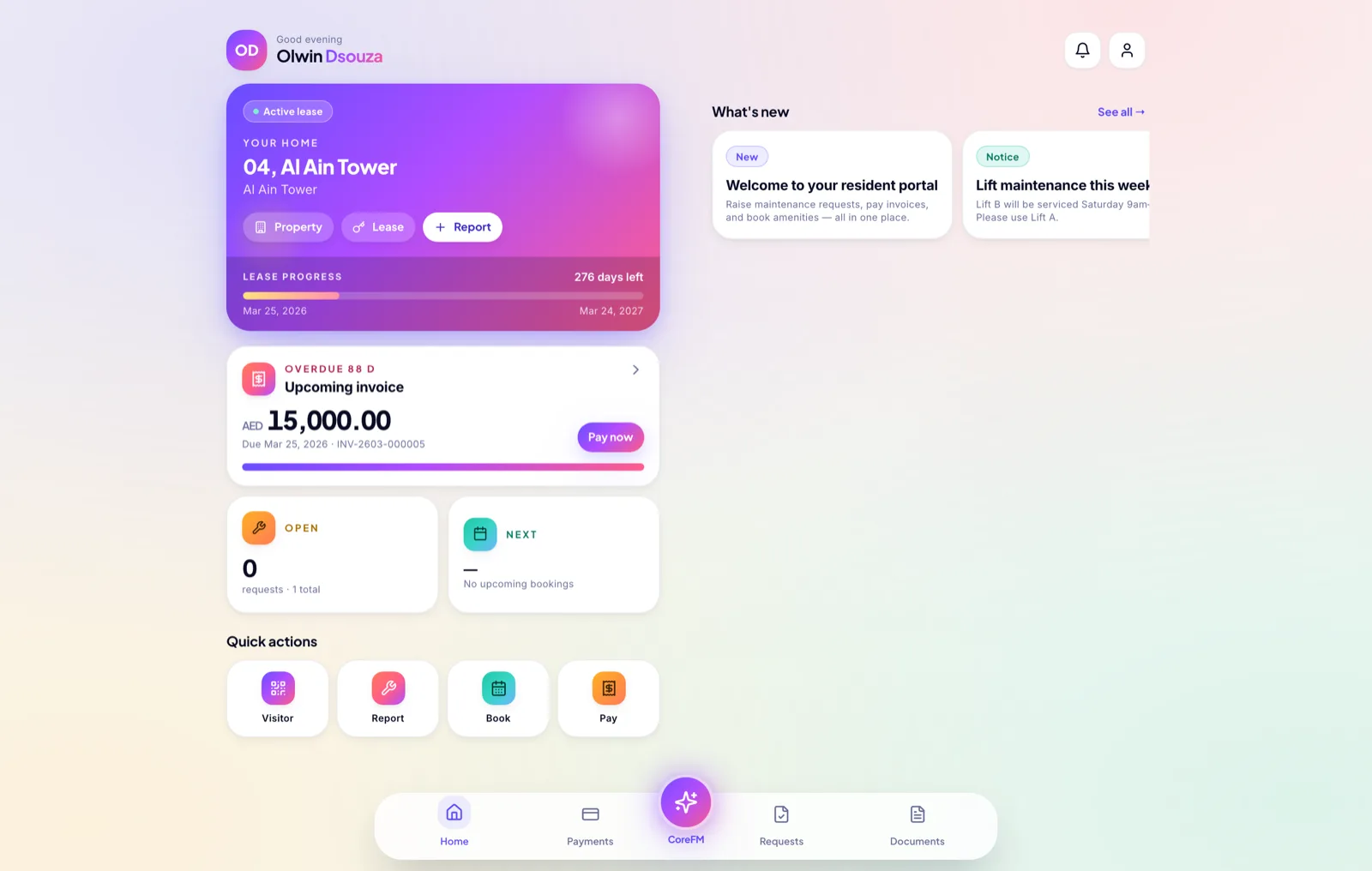 CoreVU Tenant portal — owner home with lease, upcoming invoice and quick actions