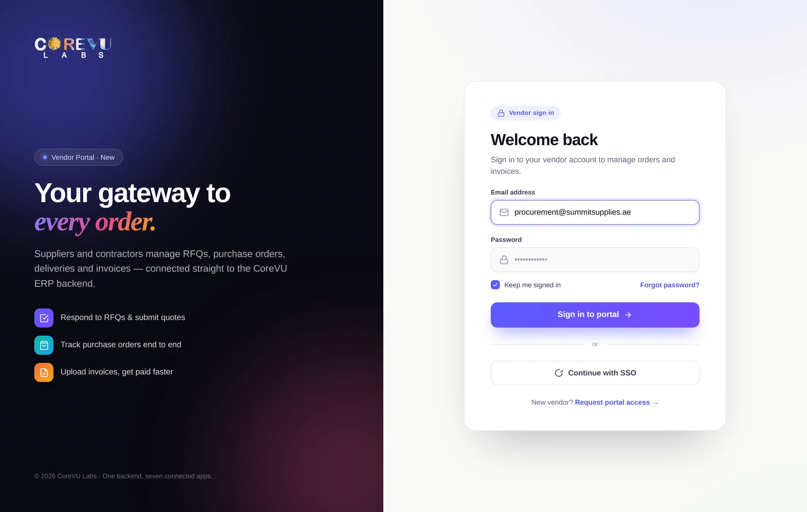 CoreVU Vendor portal — supplier sign-in with email, password and SSO